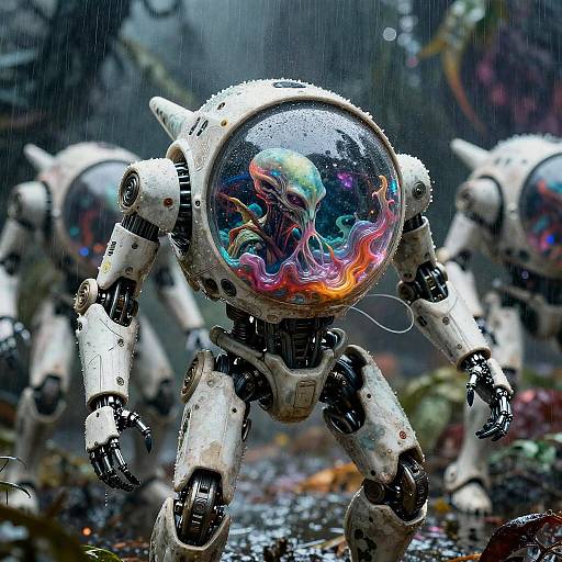 Sci-Fi Robot with Alien Core in Rain