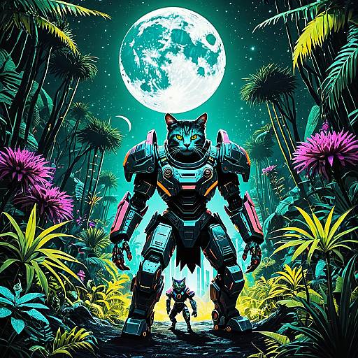 Futuristic Cat Gladiator in Phosphorescent Jungle