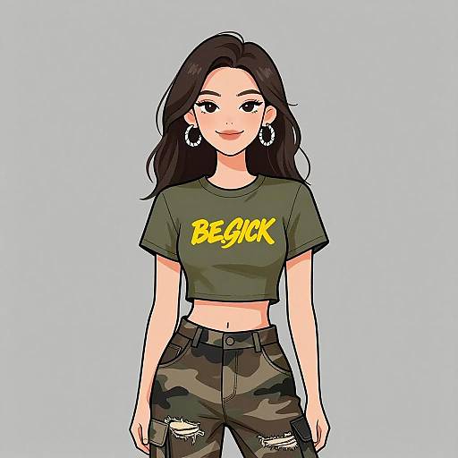 Digital anime-style drawing of a young woman with long black hair, green crop top with 