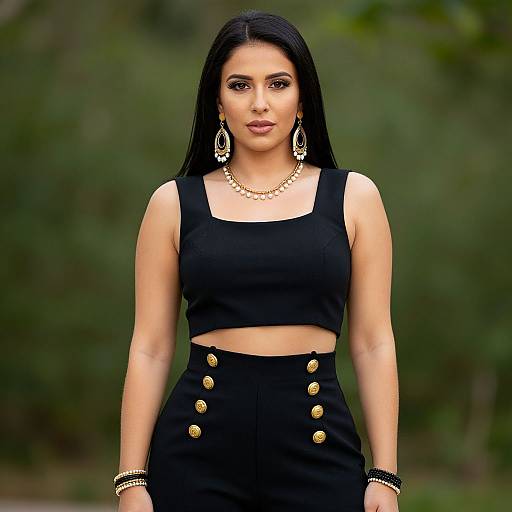 Photograph of a confident, dark-haired woman with long straight hair, wearing a black crop top and high-waisted skirt with gold buttons, large