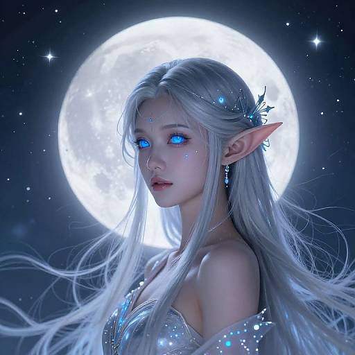 Digital artwork of a beautiful, ethereal elf with long silver hair, glowing blue eyes, and pointed ears, standing before a bright full moon in a