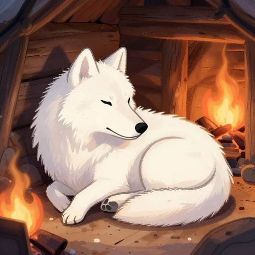 Digital illustration of a serene, white, fluffy wolf with closed eyes, resting by a glowing wooden fireplace, surrounded by warm orange flames and rustic logs.