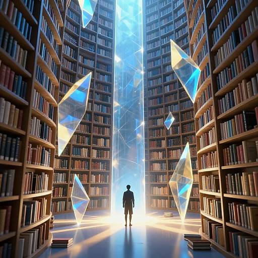 Photorealistic digital art of a silhouetted figure standing in a vast library with towering bookshelves, illuminated by glowing, crystal-like geometric