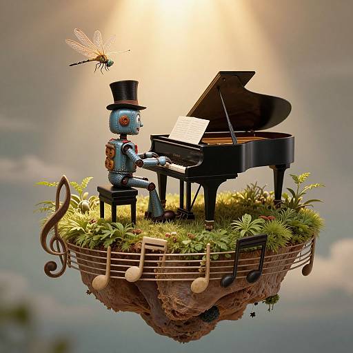 Whimsical digital artwork: Steampunk robot in top hat playing piano on floating grassy island, surrounded by musical notes and dragonfly, sun