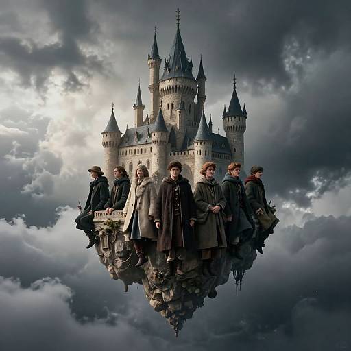 Photograph-style digital art: Hogwarts castle floats above dark, cloudy sky, with seven Hogwarts students in medieval robes standing on its base.