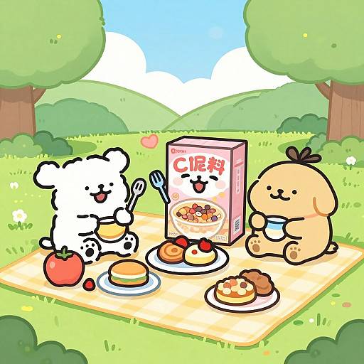 Cute cartoon-style illustration of two anthropomorphic dogs eating on a picnic blanket in a sunny, green park with trees. One dog holds a spoon,