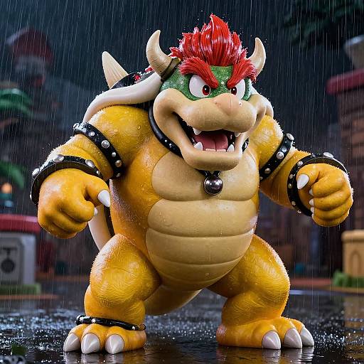 CGI image of Bowser from Mario series, standing in rain, yellow and green shell, red hair, black spiked bracelets, smiling confidently.