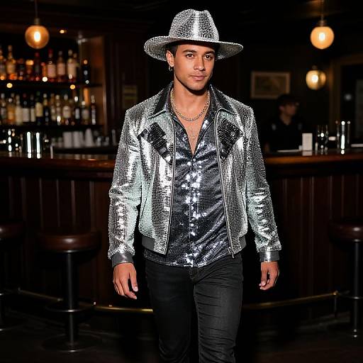 Photograph of a man in a silver sequined jacket, black shirt, black pants, and silver cowboy hat, walking confidently in a dimly lit