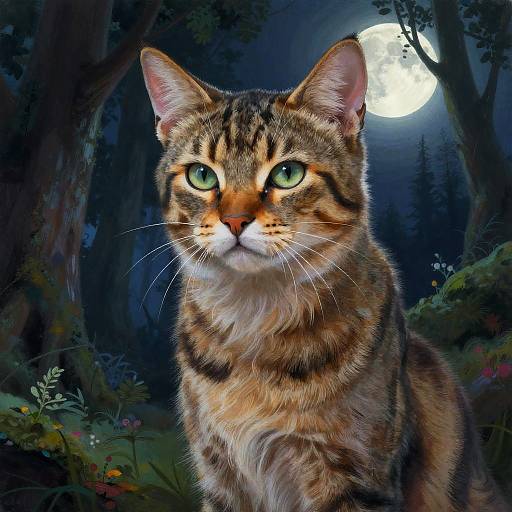 Digital artwork of a striped tabby cat with green eyes, standing in a moonlit forest, surrounded by dark trees and colorful flowers.