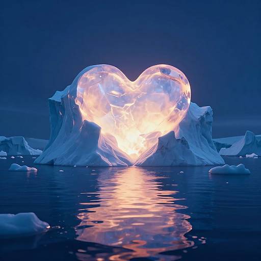 Photorealistic digital art of a glowing, translucent heart-shaped ice formation in the middle of a dark blue icy ocean at night.