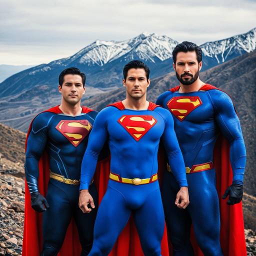 Three Men in Superman Costumes with Mountain Background
