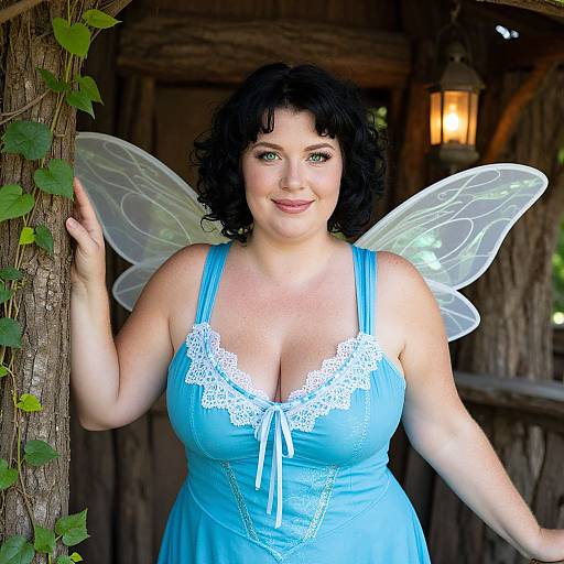 Photograph of a curvy, fair-skinned woman with black curly hair, wearing a blue lace-trimmed dress, fairy wings, and smiling