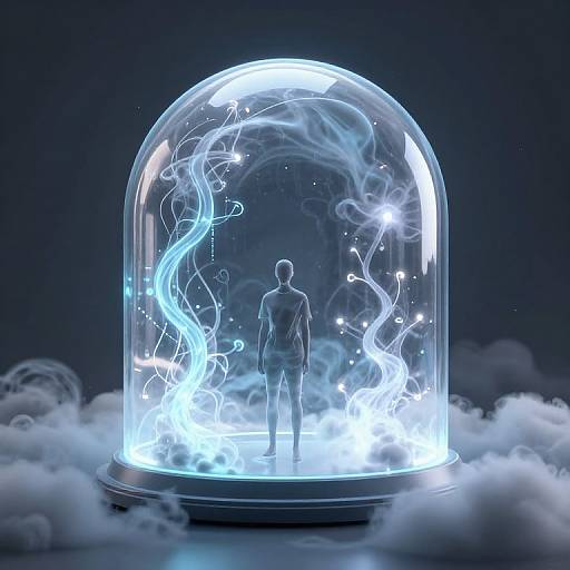 Digital artwork: Silhouetted figure stands inside glowing, ethereal blue sphere with swirling lights, surrounded by clouds, set against dark background.
