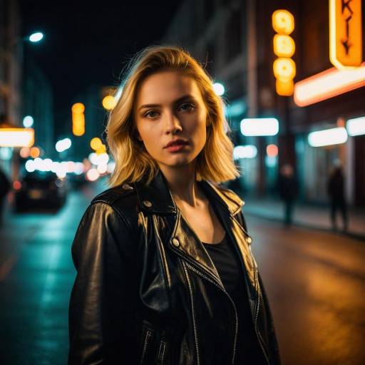 Young Woman in Black Leather Jacket at Night