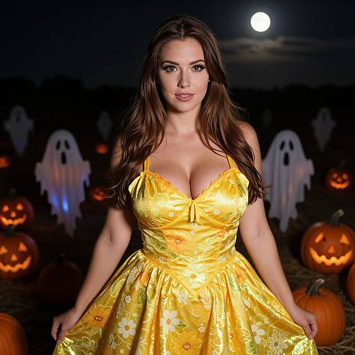 Photograph of a curvy woman with long brown hair in a low-cut, yellow floral Halloween dress, standing in a moonlit pumpkin patch with glowing
