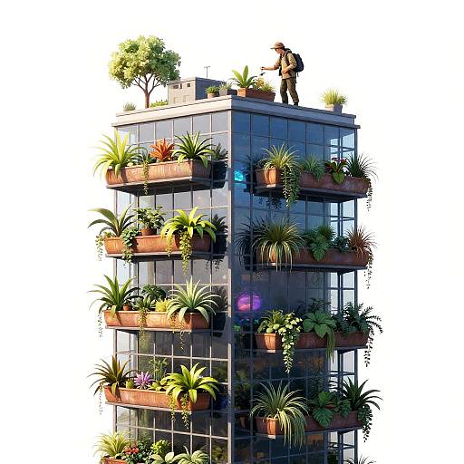 Rooftop Botanist Tending Vertical Jungle