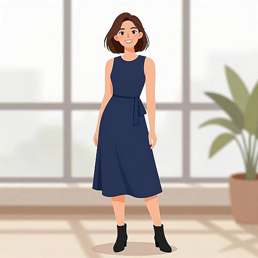 Digital illustration of a smiling woman with short brown hair, wearing a sleeveless navy dress and black ankle boots, standing in a bright room with large windows