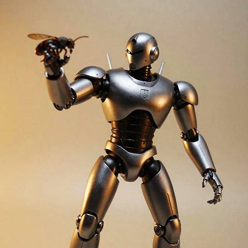 Aggressive Metallic Robot Holding Insect