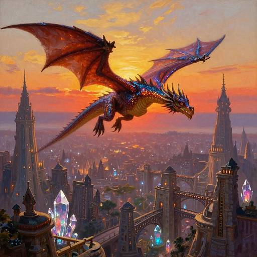 Digital painting of a vibrant red and blue dragon soaring over a fantastical, sunlit cityscape with towering spires and glowing crystal structures.