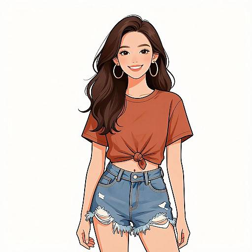 Digital illustration of a smiling young woman with long dark hair, wearing a tied orange t-shirt, blue distressed denim shorts, and large hoop earrings, set