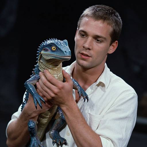 Photograph of a young Caucasian man with short brown hair, wearing a white shirt, gently holding a blue, spiky-scaled lizard against a dark
