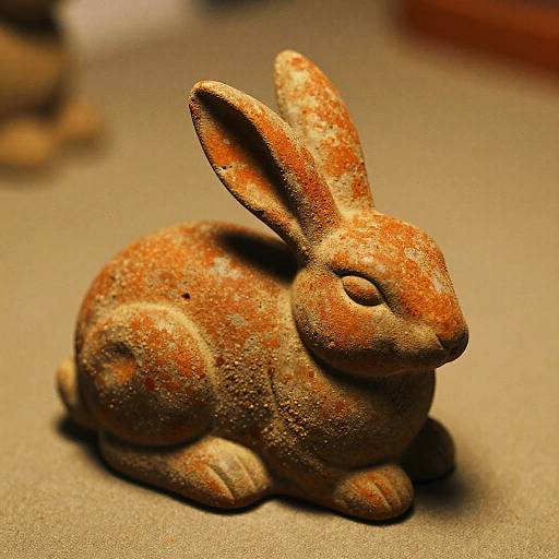 Photograph of a rustic, weathered, orange-brown ceramic bunny statue with textured surface, large ears, and closed eyes, sitting on a beige
