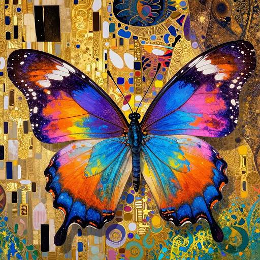 Vibrant digital artwork of a butterfly with vivid blue, orange, and purple wings, set against a gold, abstract, and patterned background.