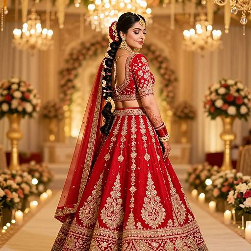 Photograph of a beautiful South Asian bride in a red, gold-embroidered lehenga and veil, standing in an ornate, candlelit