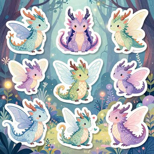 Colorful digital illustration of eight cute, fantasy dragon-like creatures with wings and horns, in a vibrant, enchanted forest. Each dragon is unique in color