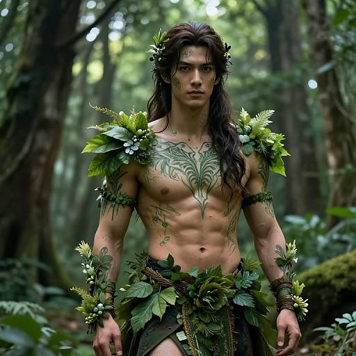 Photorealistic CGI of a muscular, shirtless man with long dark hair, wearing leaf and flower armor, standing in a lush forest. Intricate