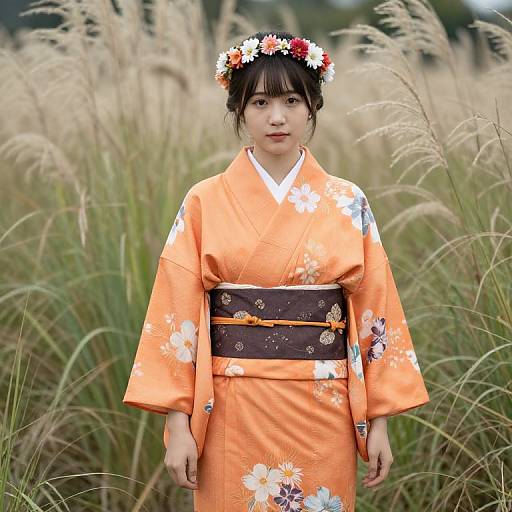 Woman in Floral Orange Kimono