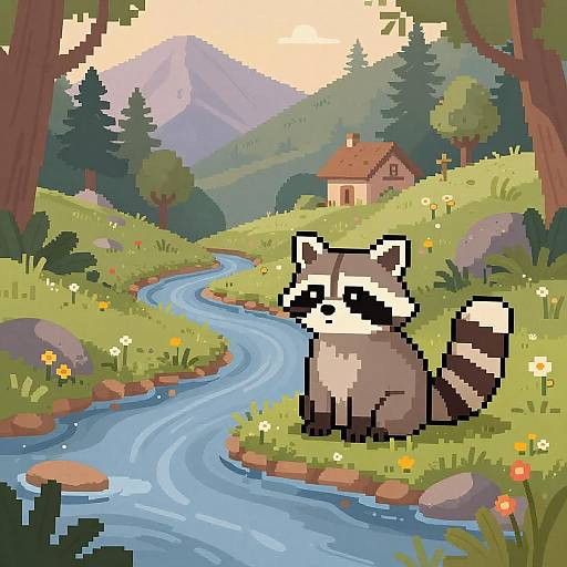 Pixel art of a raccoon sitting by a winding blue river in a lush, mountainous forest with a small house and colorful flowers.