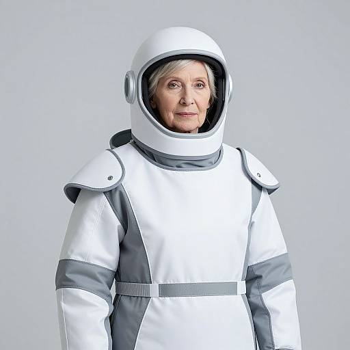 Photograph of an elderly woman with gray hair wearing a white astronaut suit with gray accents, standing against a plain white background.