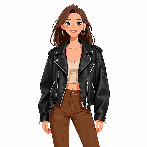 Digital illustration of a smiling young woman with long brown hair, wearing a black leather jacket, white crop top, and brown high-waisted pants,