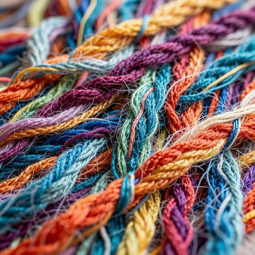 Close-up photograph of colorful, tightly twisted yarn strands in vibrant shades of orange, red, purple, blue, and green.