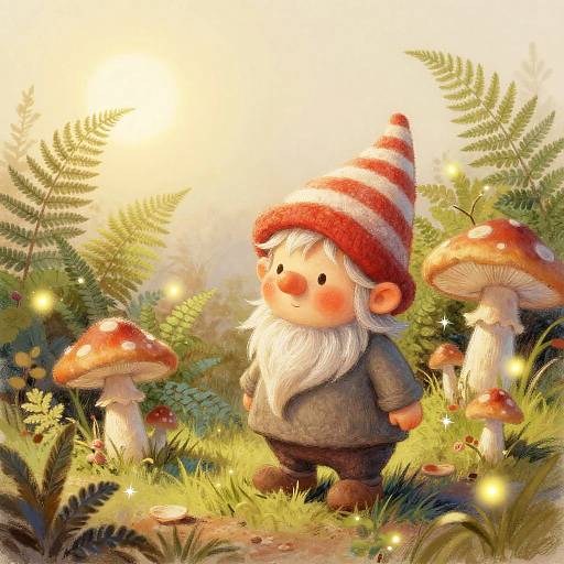 Whimsical digital illustration of a chubby, white-bearded gnome in a red and white striped hat, standing among glowing mushrooms and ferns in a