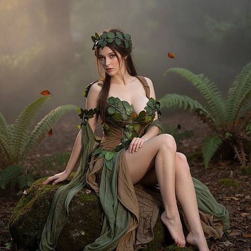 Digital fantasy artwork: Fair-skinned woman with long brown hair, wearing a leafy dress and headpiece, sits on mossy rock in misty