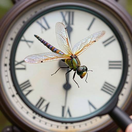 Close-up photograph of a detailed dragonfly with iridescent wings perched on a vintage clock face with Roman numerals.