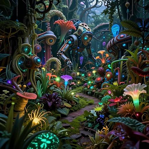 Digital artwork of a vibrant, neon-lit, steampunk jungle with glowing mushrooms, colorful bioluminescent plants, and futuristic robotic creatures amidst