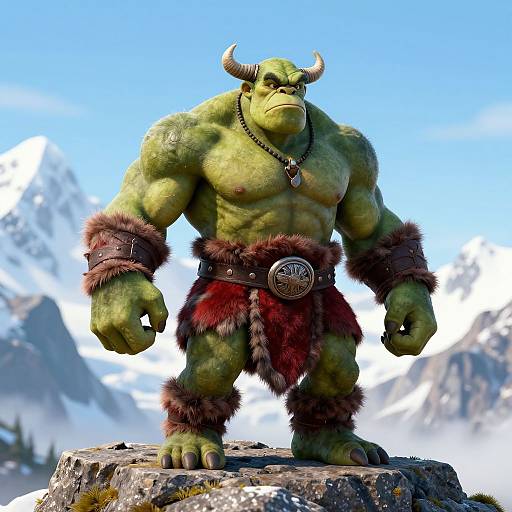 CGI image of a muscular, green-skinned, horned orc with a red fur loincloth, standing on a rocky mountain against a snowy
