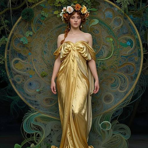 Art Nouveau Elegance with Floral Crown