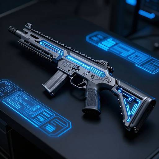 Photograph of a futuristic, black, neon-blue illuminated assault rifle with intricate circuit designs, resting on a dark, glowing-tech surface.