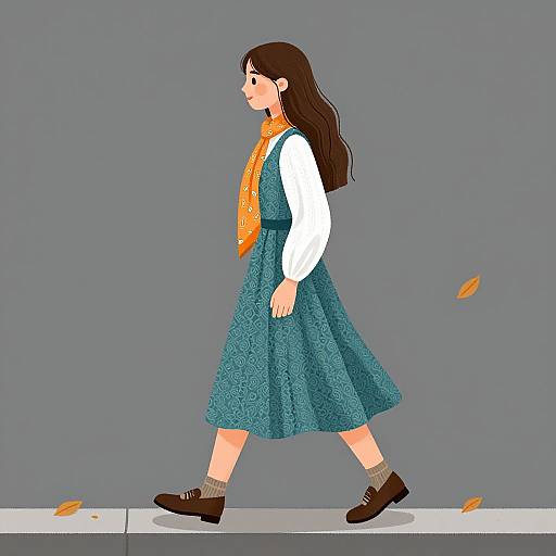 Digital illustration of a young woman with long brown hair, wearing a blue dress, white shirt, orange scarf, and brown shoes, walking against a grey