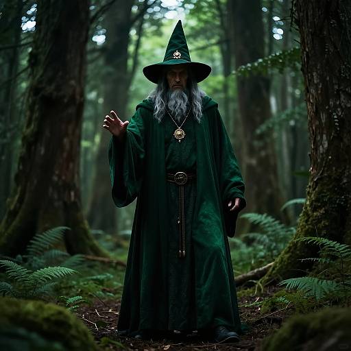 Photograph of a wizard with long gray beard, green robe, pointed hat, and pendant, standing in a dark, mossy forest.