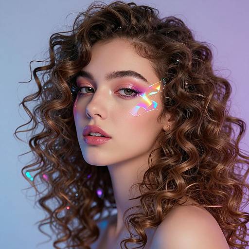 Photograph of a fair-skinned woman with curly brown hair, neon light patterns on her cheek, pink eyeshadow, and blue-purple background.