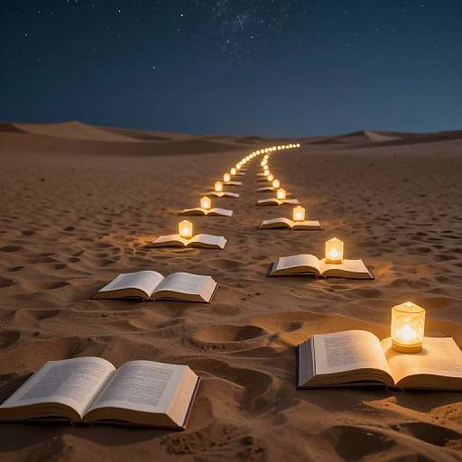 Photograph of open books lined up in a starlit desert, each book accompanied by a glowing lantern, creating a magical, illuminated pathway under a night