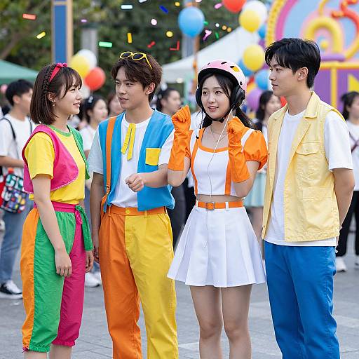 Photograph of four Asian young adults in colorful 80s-inspired outfits, standing in a festive outdoor event with balloons and confetti.