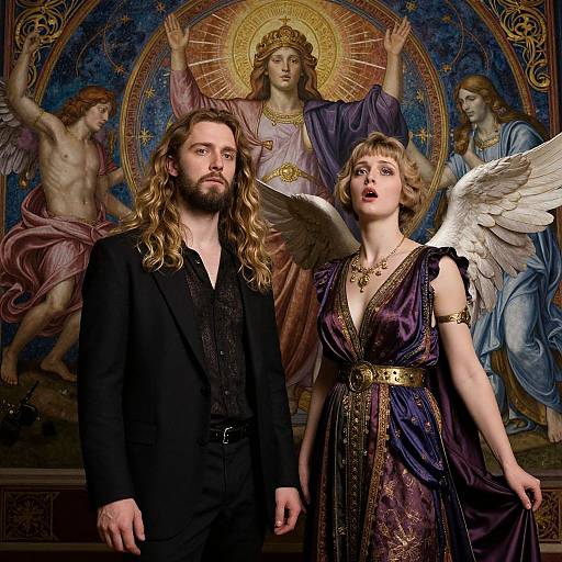 Digital art of long-haired bearded man in black, angelic woman with wings in purple gown, standing before radiant, haloed Jesus and angels in