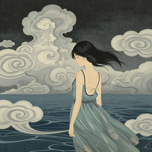 Digital illustration of a pale-skinned woman with black hair, wearing a blue, backless dress, standing in a dark ocean with swirling white clouds in