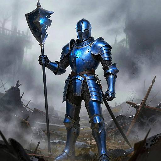 Photorealistic digital art of a blue-armored knight with a large axe standing in a misty, war-torn battlefield, surrounded by debris and